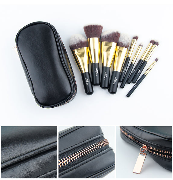 9 pc 5 in Plush Makeup Brushes Set & Cosmetic Bag Travel Kit