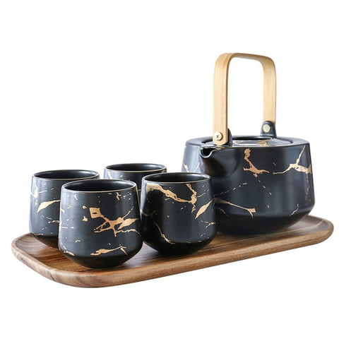 5 pc Black & Gold Marble Tea Set